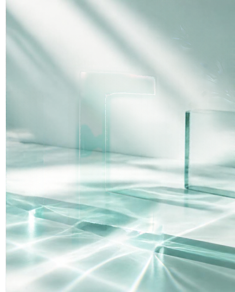 Transparente Glasquader mit mintgrünen Lichtreflexionen